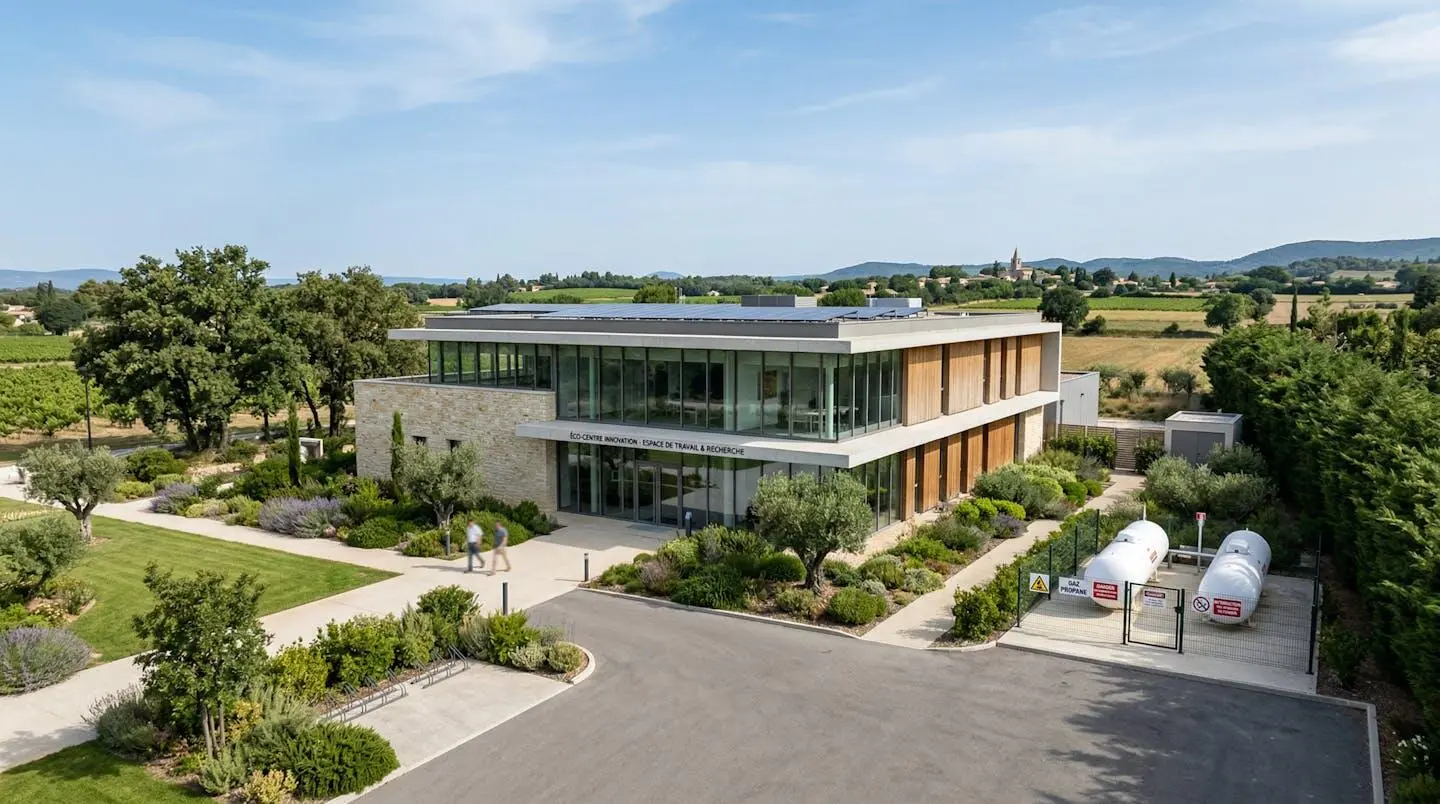 Vue extérieure grand angle d'un bâtiment professionnel contemporain avec citerne propane aérienne discrètement intégrée dans un environnement rural français bien entretenu