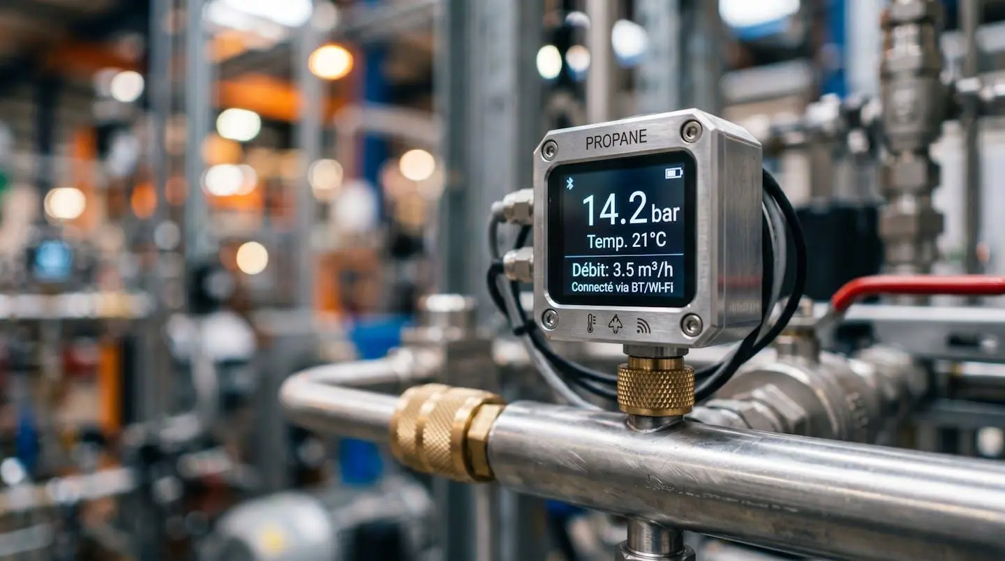 Gros plan sur une jauge connectée numérique moderne installée sur une citerne propane professionnelle, avec un affichage flou en arrière-plan