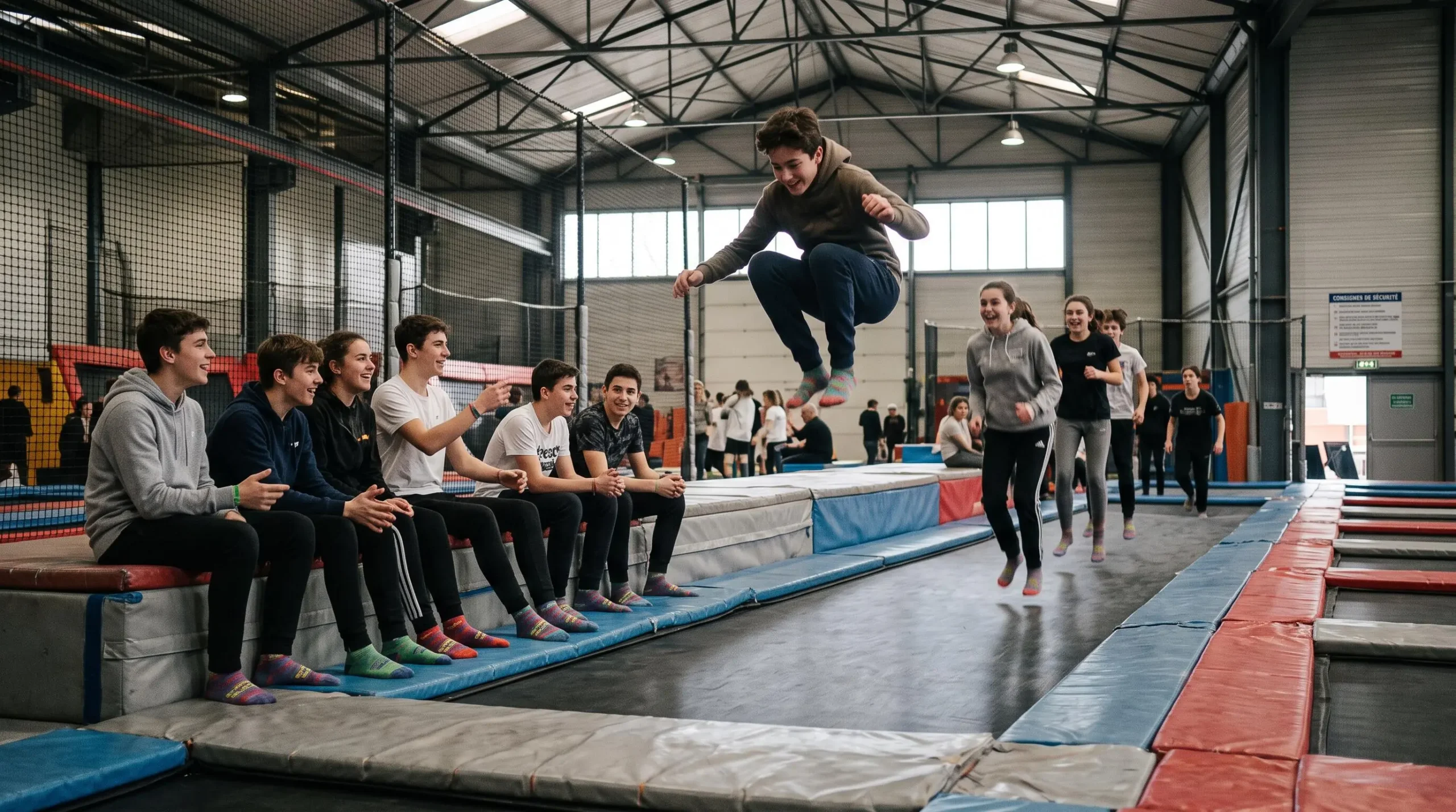Des adolescents sautent ensemble sur une piste de trampolines dans une ambiance joyeuse.