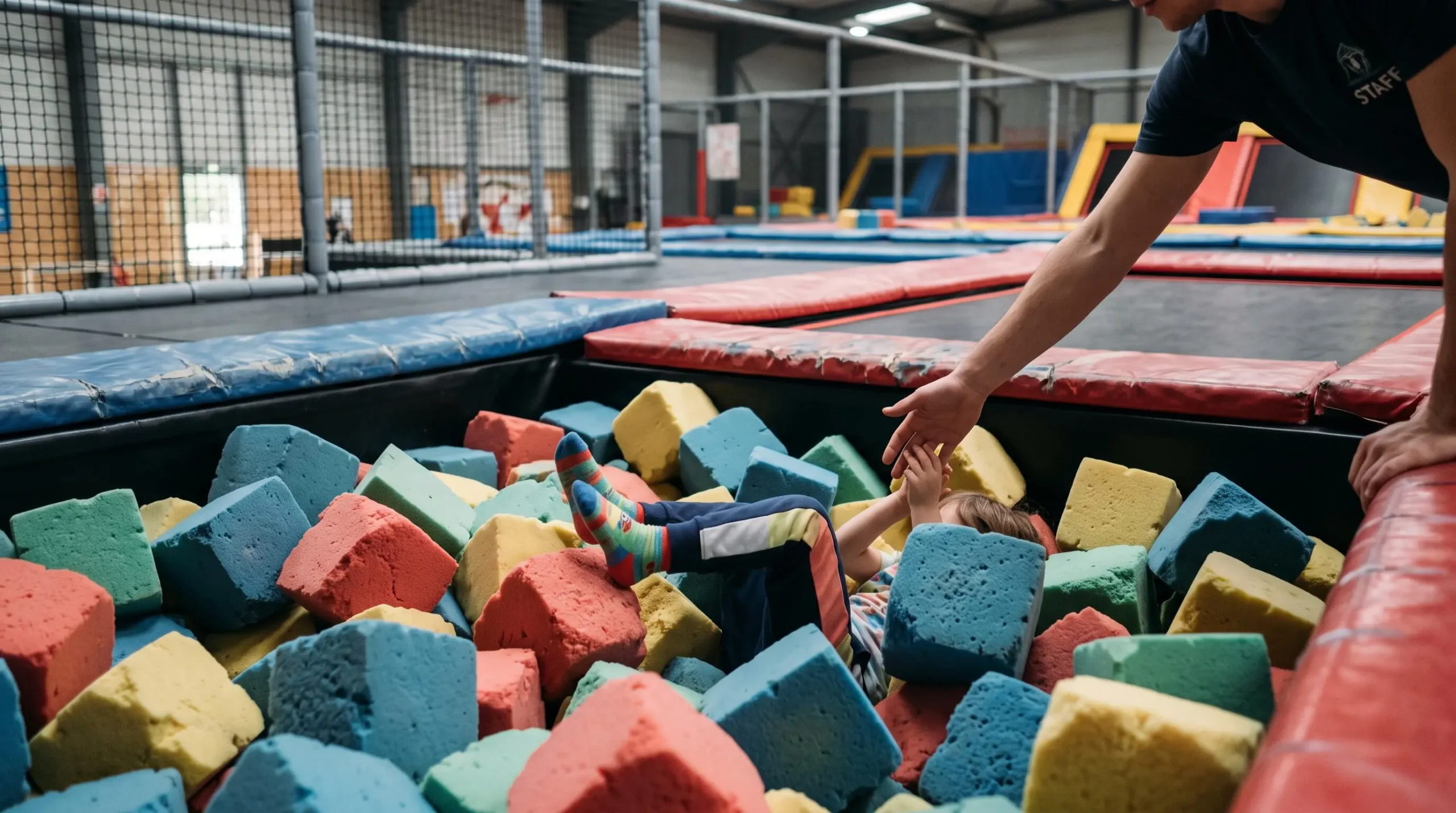 Un enfant atterrit dans une fosse de mousse colorée d'un trampoline park.