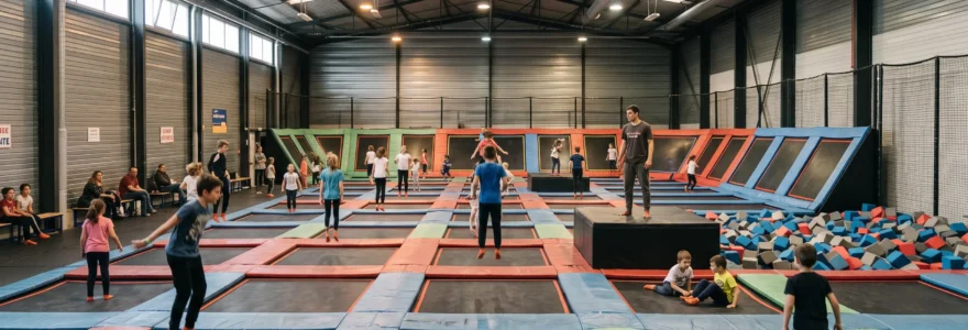 Vue large d'un trampoline park animé avec des enfants sautant sur des trampolines interconnectés.